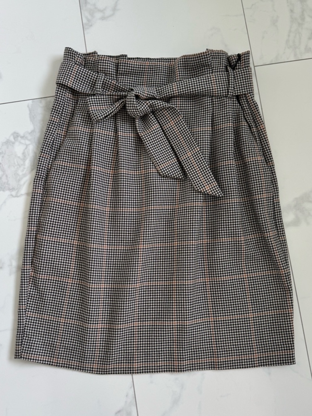 High-Waist Plaid Paperbag Skirt with Tie